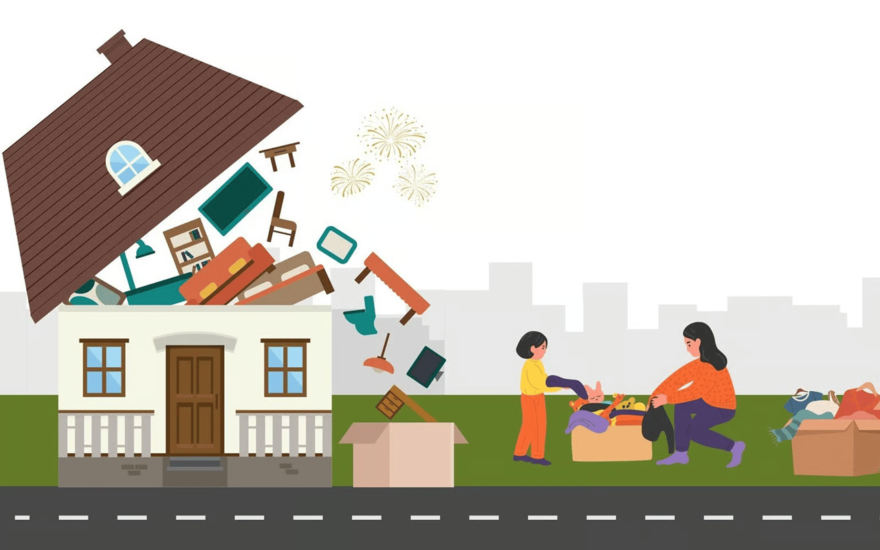 A woman and child sort belongings into boxes outside a house with household items spilling from its roof.