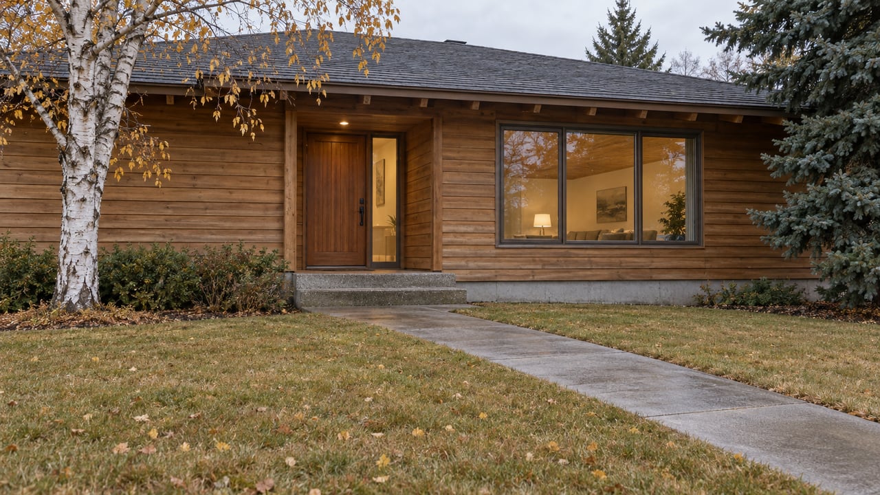 Timber-sided single-story home with a recessed entrance, warm windows and an autumn lawn beneath birch and spruce trees.