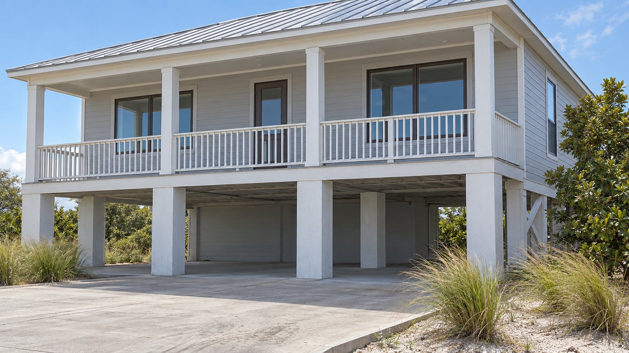 Raised pale-gray home with a covered porch, bronze-framed windows, open concrete undercroft, and sea oats beside the driveway.
