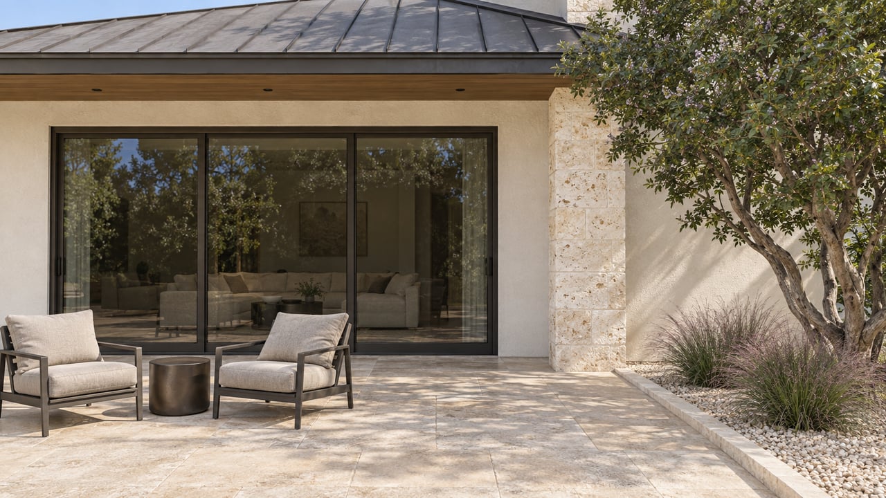 A shaded luxury home's rear terrace with limestone paving, dark-framed glass doors, two outdoor chairs, and a sculptural mountain laurel.