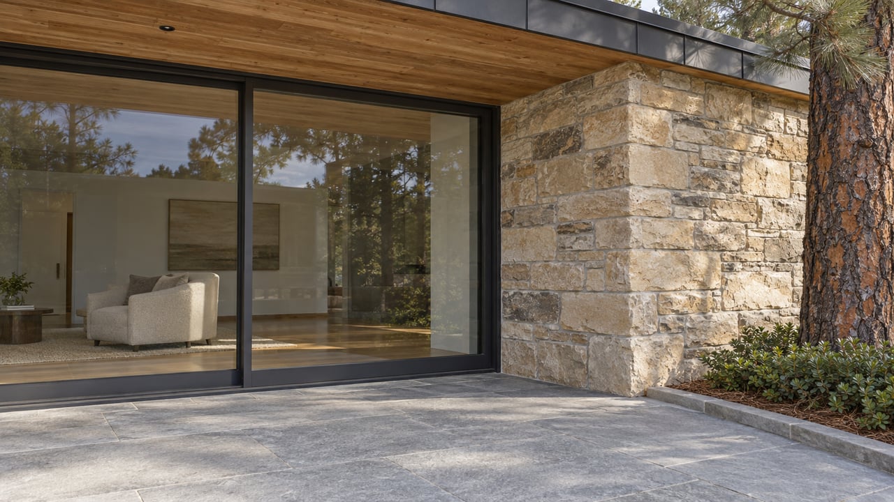 Sunlit sandstone and cedar frame a closed glass doorway beside a pine-planted stone terrace.