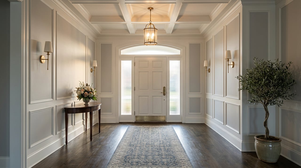 Foyer with paneled door, reeded sidelights, coffered ceiling, dark oak floor, and olive tree.