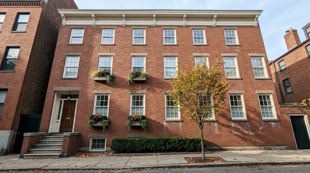 Brick multifamily building with white-paned windows, a bluestone stoop, and a small golden-edged tree.
