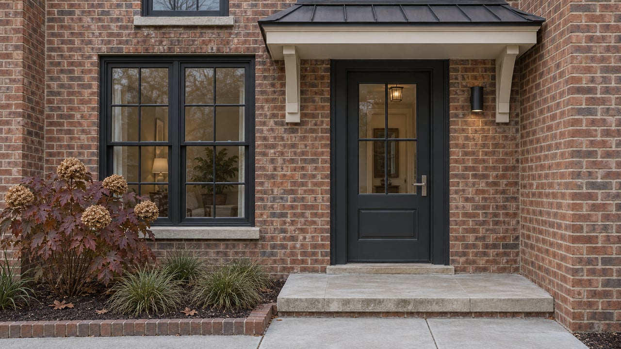Red-brown brick townhome entry with a charcoal door, limestone landing, and autumn oakleaf hydrangea beside the approach.