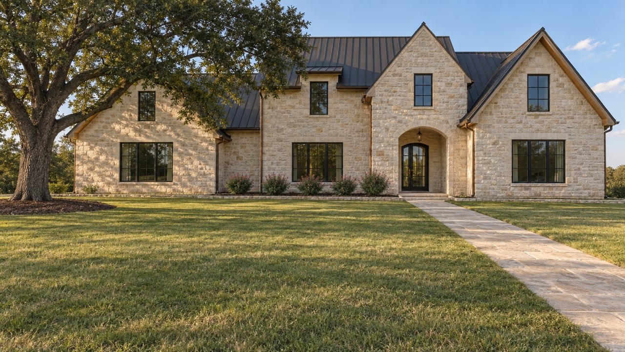 Broad lawn leading to a limestone home with steep gables, black-framed windows and a mature oak at left.
