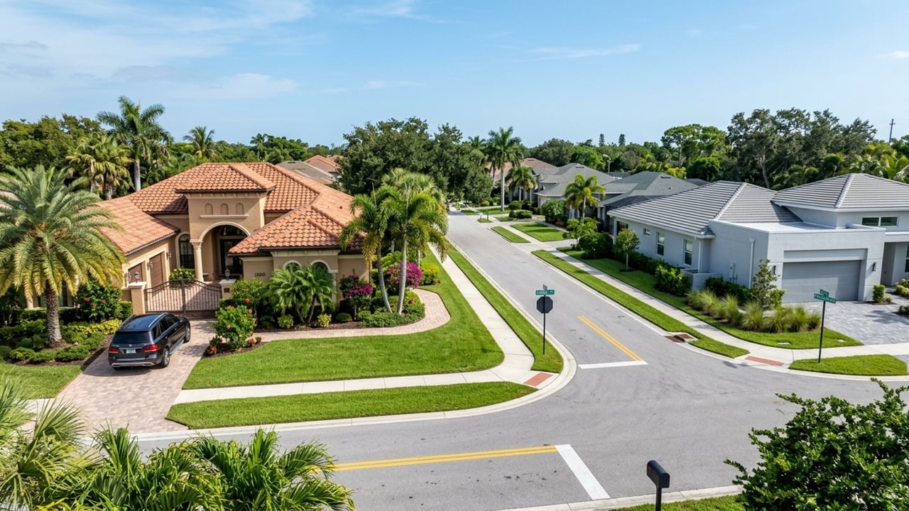 Palm-lined residential street with a tan tile-roof home and modern white houses.