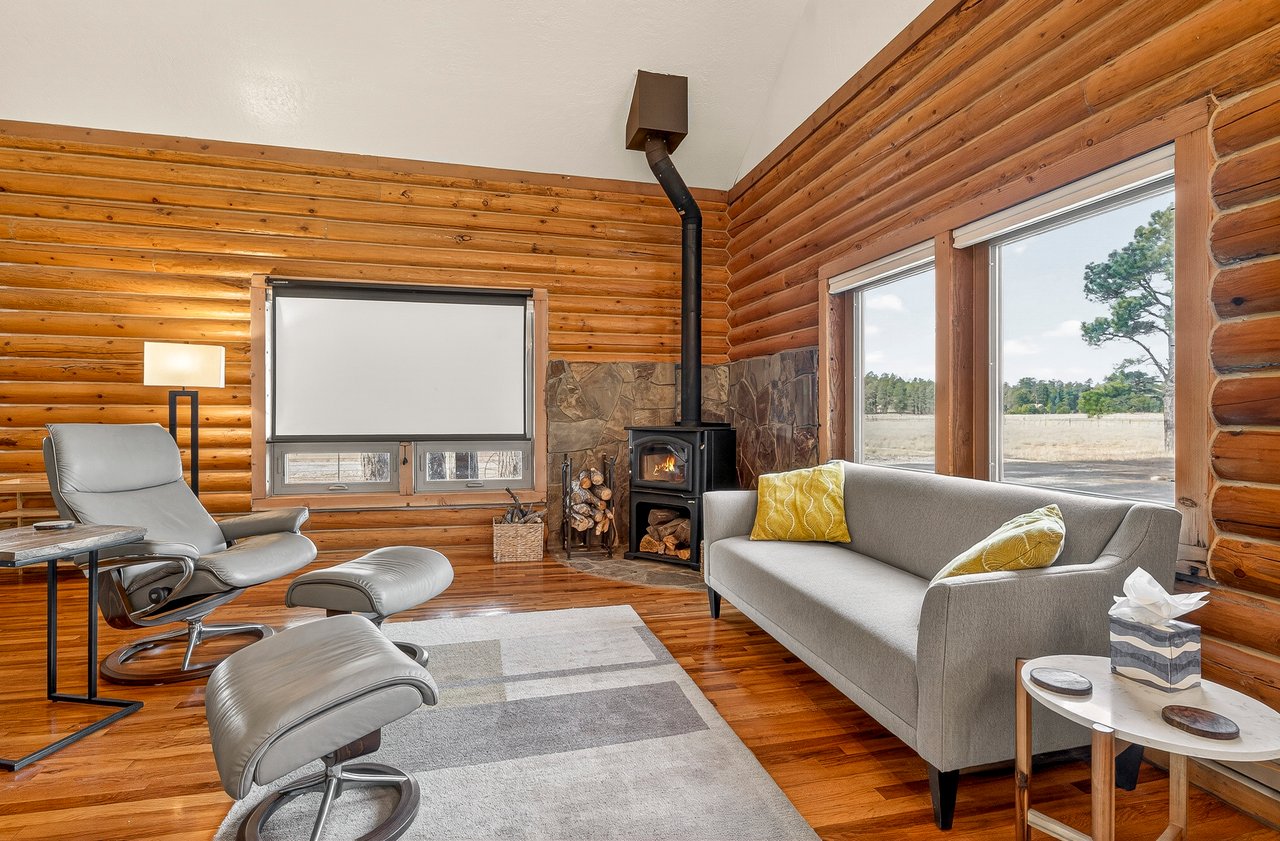 Living Room and Fireplace with Projector Screen