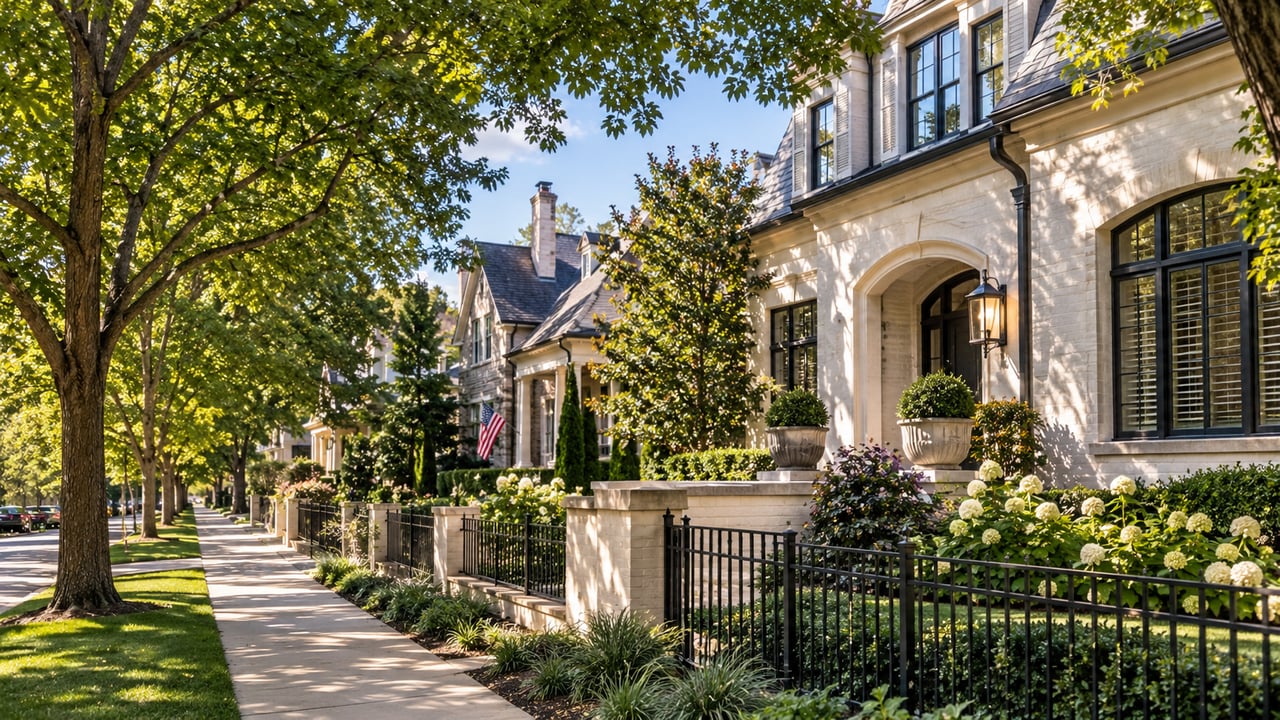Elegant luxury homes along a tree-lined street inspired by Nashville’s Richland-West End neighborhood, featuring historic-style architecture, mature trees, manicured gardens, and charming residential sidewalks.