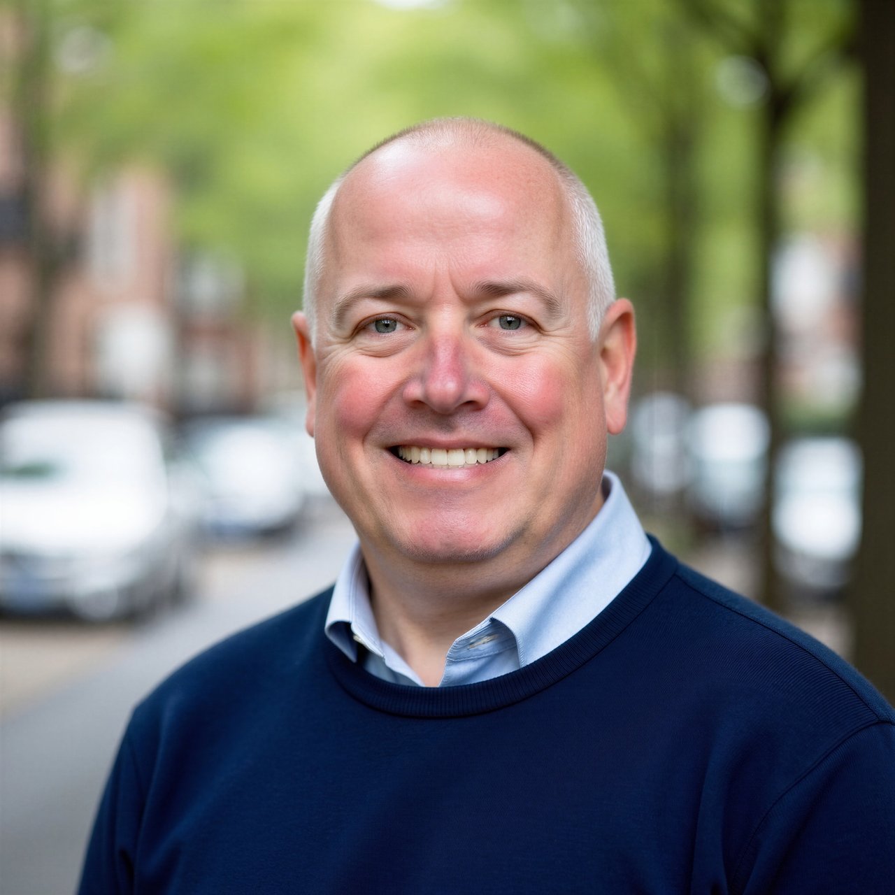 Smiling man in a navy sweater and light blue shirt outdoors.