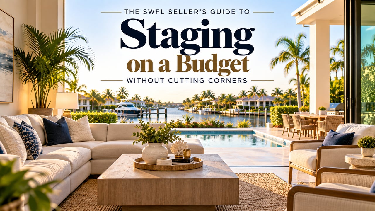 Professionally staged Southwest Florida waterfront home with neutral furnishings, tropical landscaping, a private pool, and canal views, illustrating budget-friendly home staging strategies for SWFL sellers preparing a property for sale.