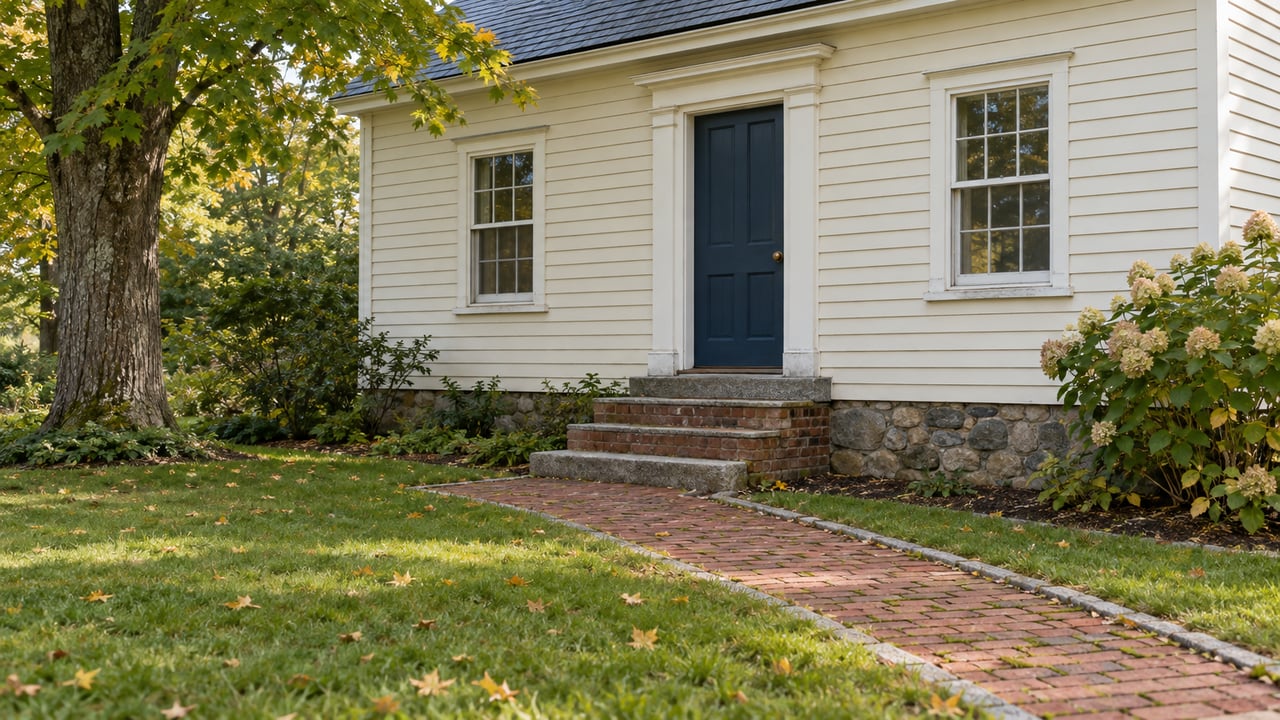Older cream clapboard house with a blue entry door, brick steps, and a brick path across the lawn.