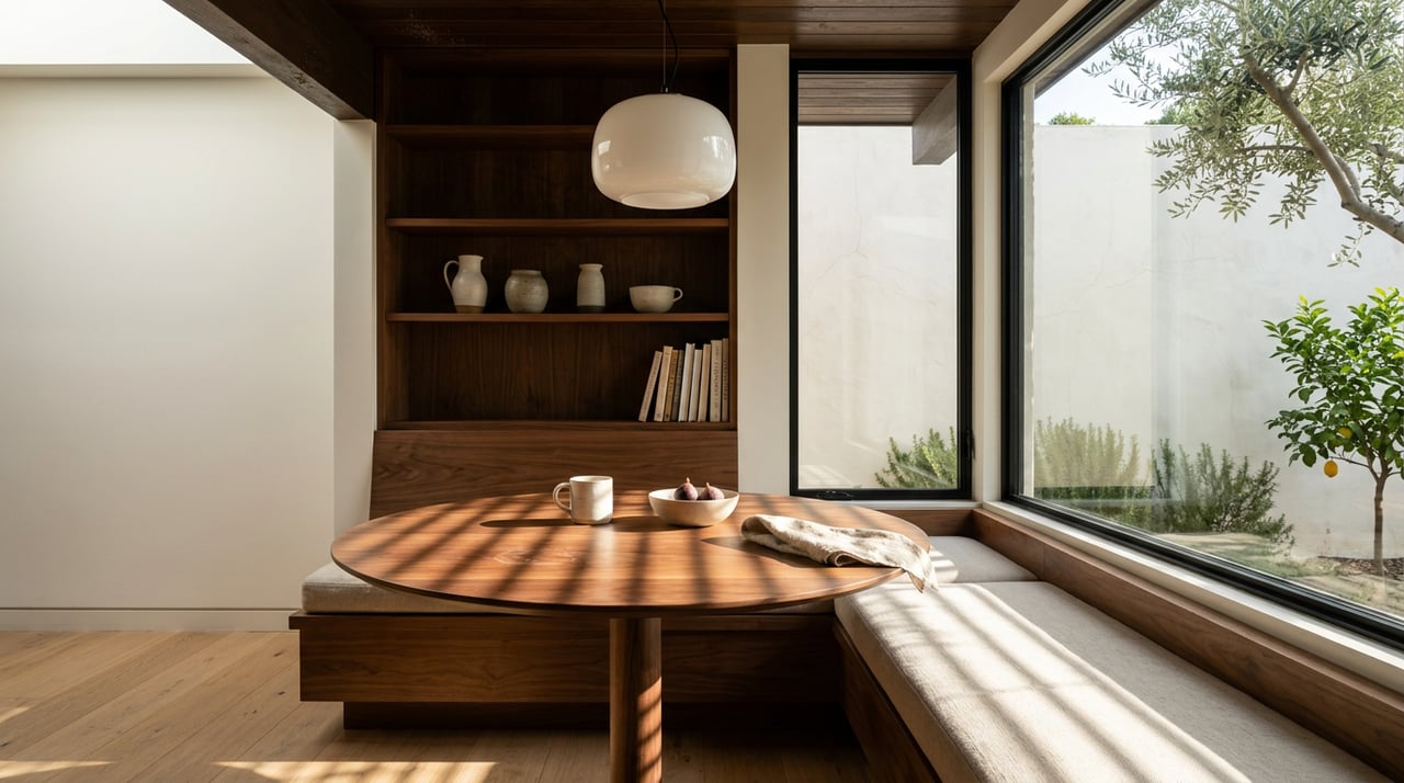 Walnut nook with round table, mug and figs, linen banquette, and olive branches beyond window.