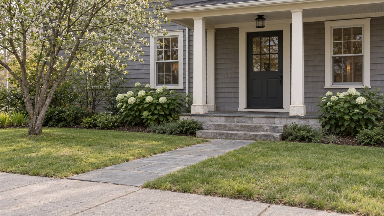 Compact colonial home with a bluestone path crossing the lawn to stone steps and a covered entry.