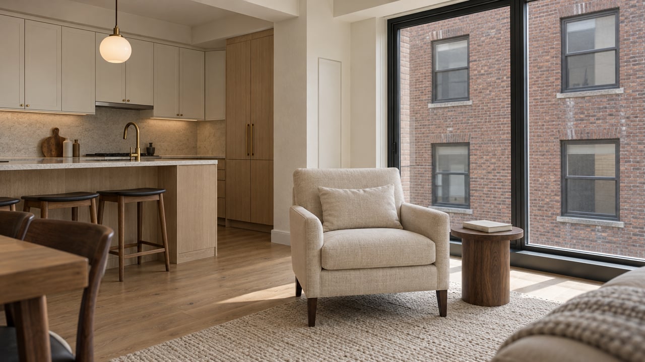 Light-filled condominium living room with a linen armchair, oak kitchen cabinetry, pale stone surfaces and black-framed windows overlooking brick architecture.