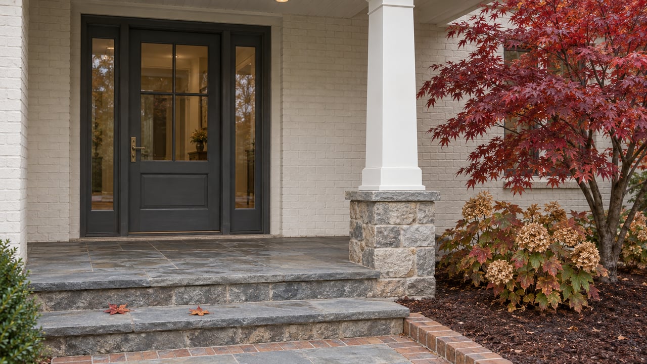 Painted-brick home entry with a charcoal glazed door, bluestone steps, and burgundy autumn maple leaves beside a covered porch.