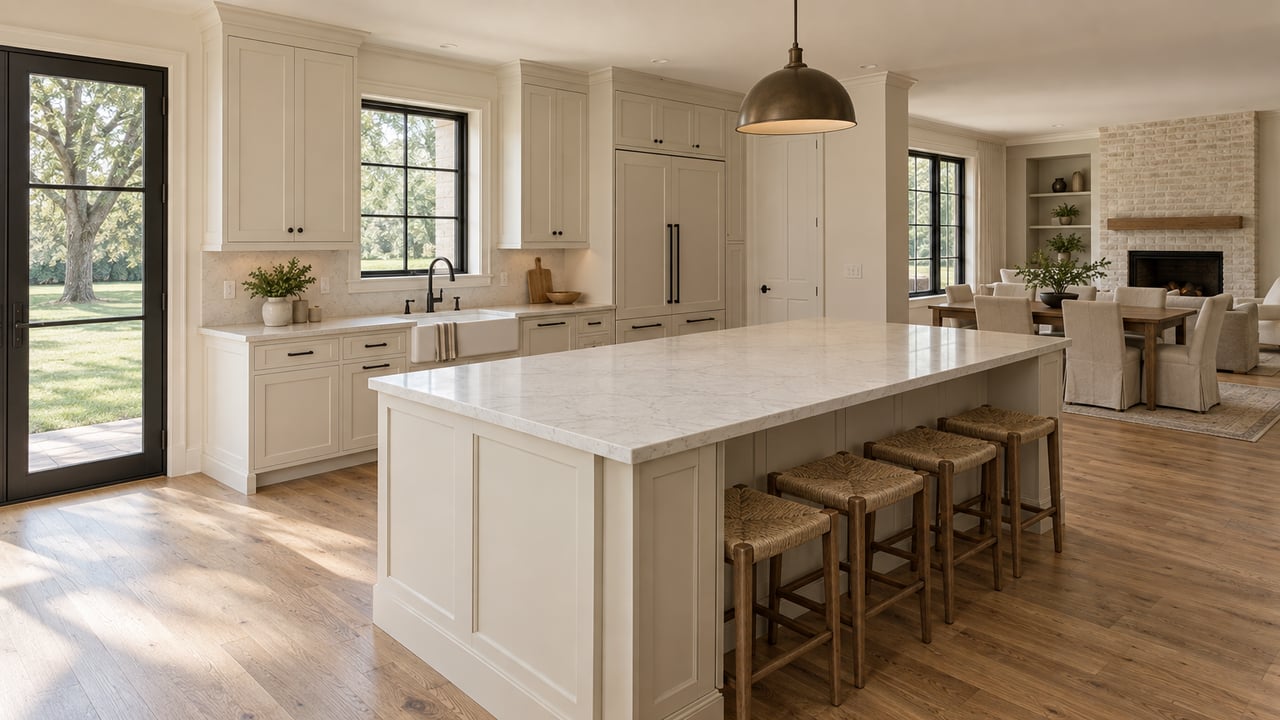 Kitchen with an ivory island, oak floors, pale brick fireplace, and glazed door overlooking a lawn and oak tree.