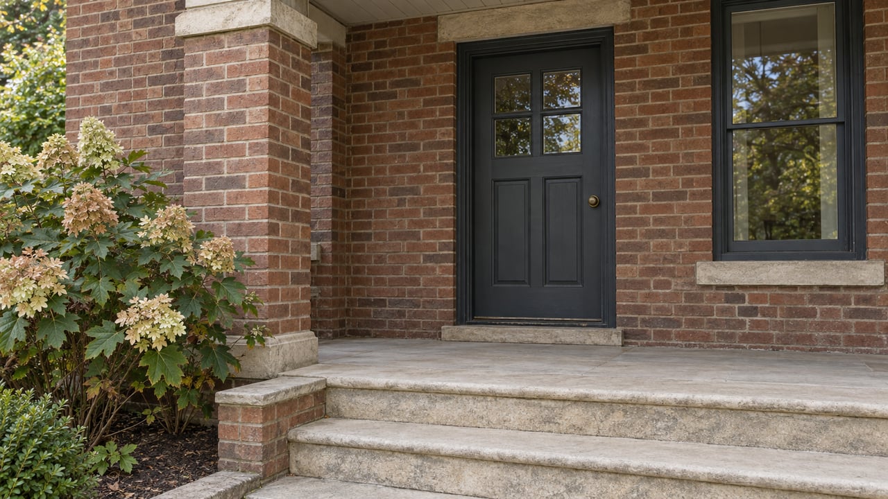 Recessed charcoal paneled door in a red-brown brick entry, above limestone steps beside an oakleaf hydrangea.