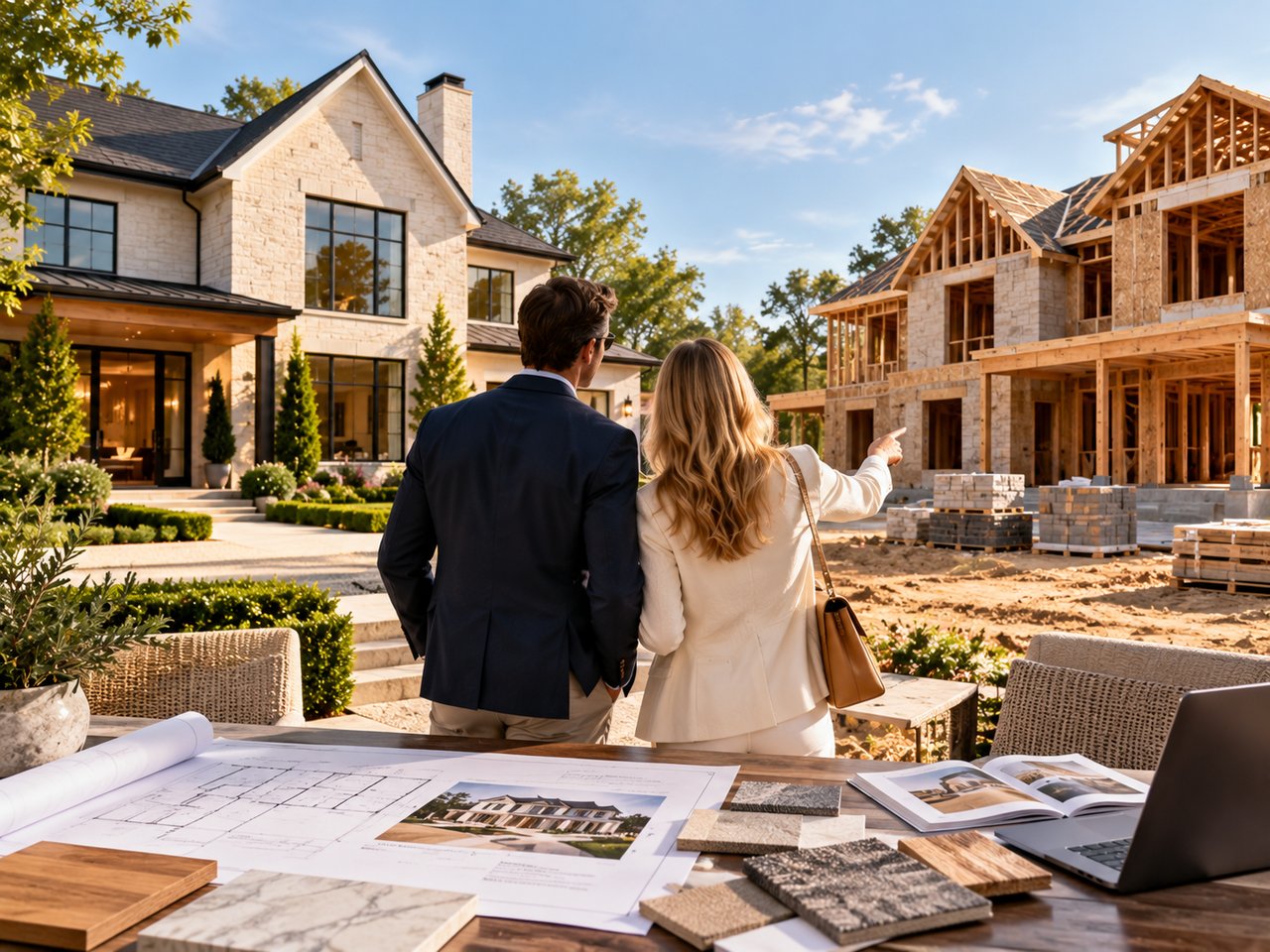 Luxury home buyers comparing a completed spec home with a custom home under construction, featuring architectural blueprints, premium building materials, and modern home designs to explore the differences between spec and custom homes.