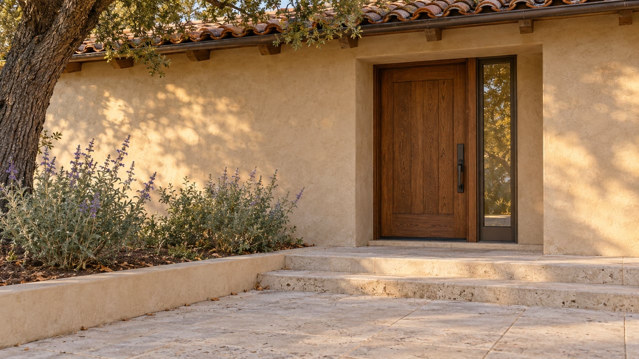 Hillside home entry with a solid oak door, bronze-framed sidelight, limestone steps, and oak canopy.