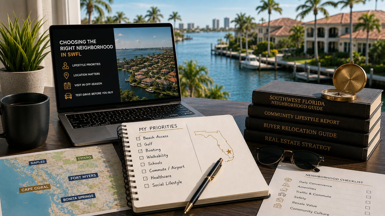 Modern workspace overlooking a luxury Southwest Florida waterfront neighborhood with relocation planning materials, map, notebook, and laptop, representing how to choose the right neighborhood in Naples, Fort Myers, Bonita Springs, Estero, and Cape Coral based on lifestyle and location priorities.