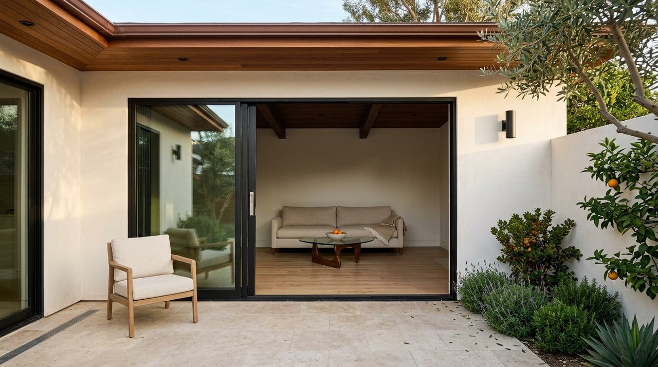 Open sliding glass doors connect a travertine patio to a post-and-beam living room, with olive trees and lavender.