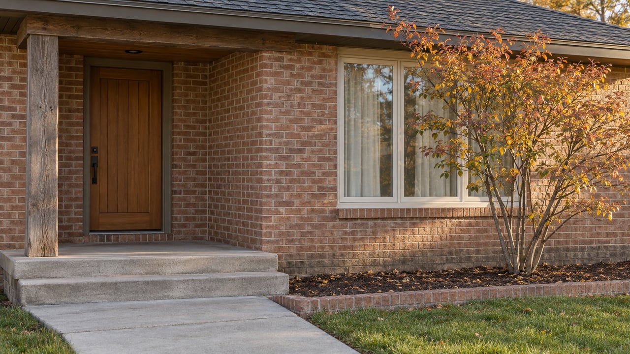 Sunlit brick home entry with a timber porch post, cream-framed window, worn concrete steps, and copper-yellow serviceberry foliage.