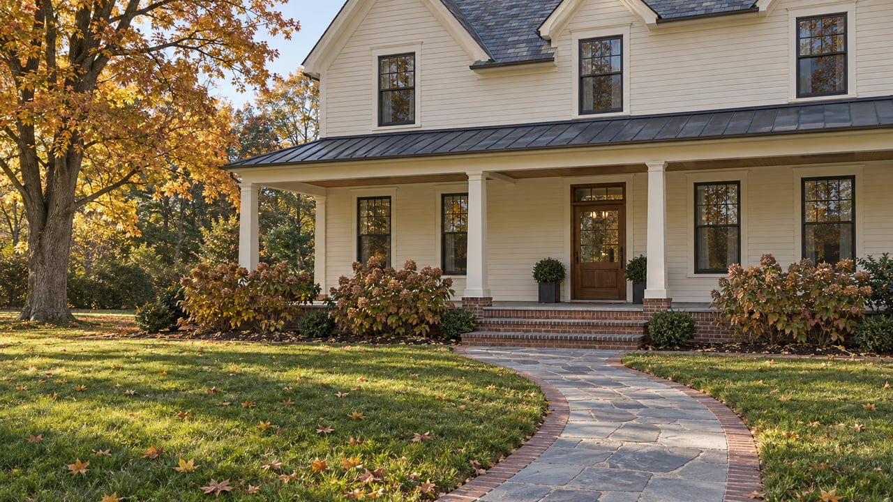Restored ivory clapboard home with a slate roof, covered porch and bluestone approach across an autumn lawn beneath an amber sugar maple.