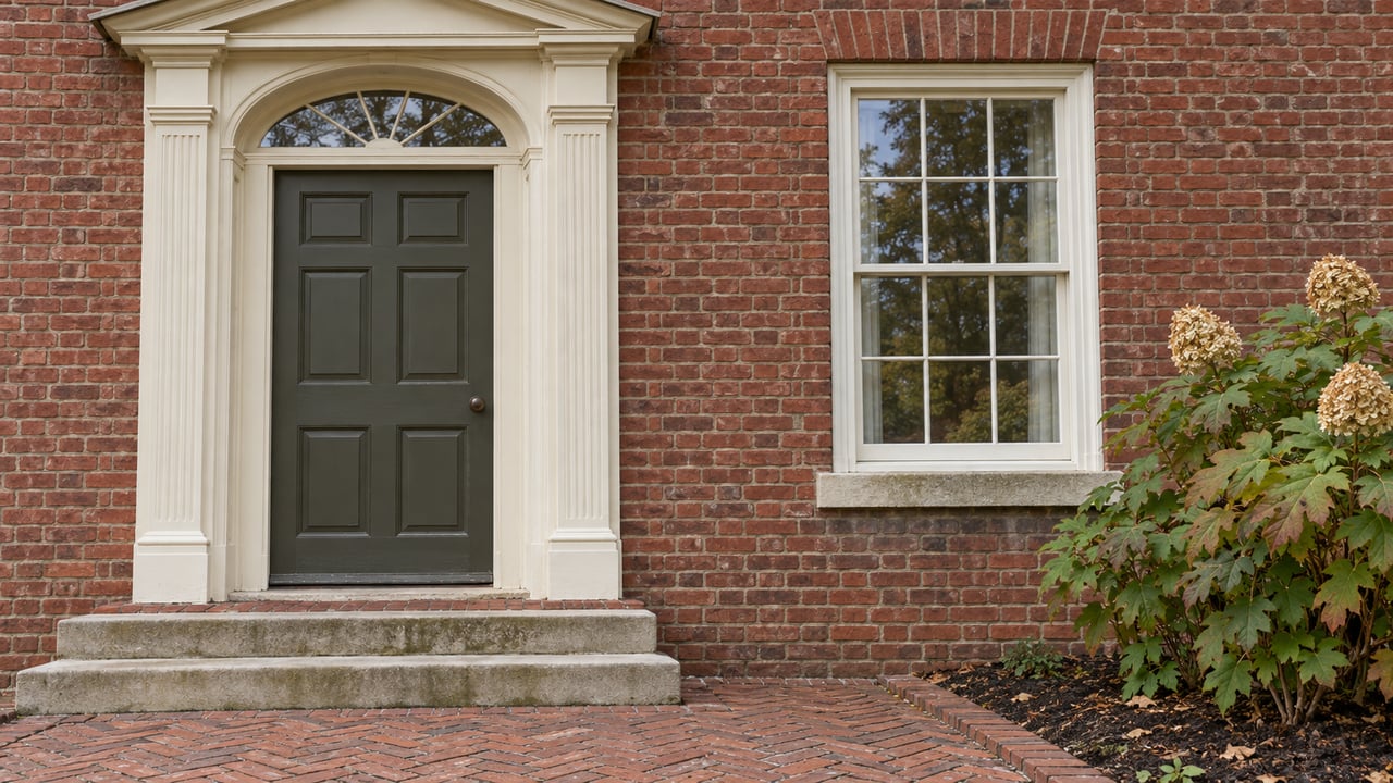 Close view of a red-brick home's olive-painted entrance, limestone steps, white sash window and oakleaf hydrangea.