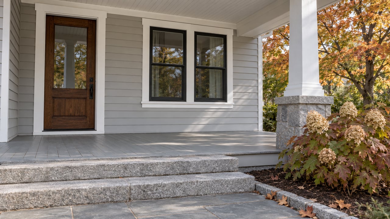 Gray clapboard home with a sheltered wood entry, granite steps and copper-colored autumn foliage.