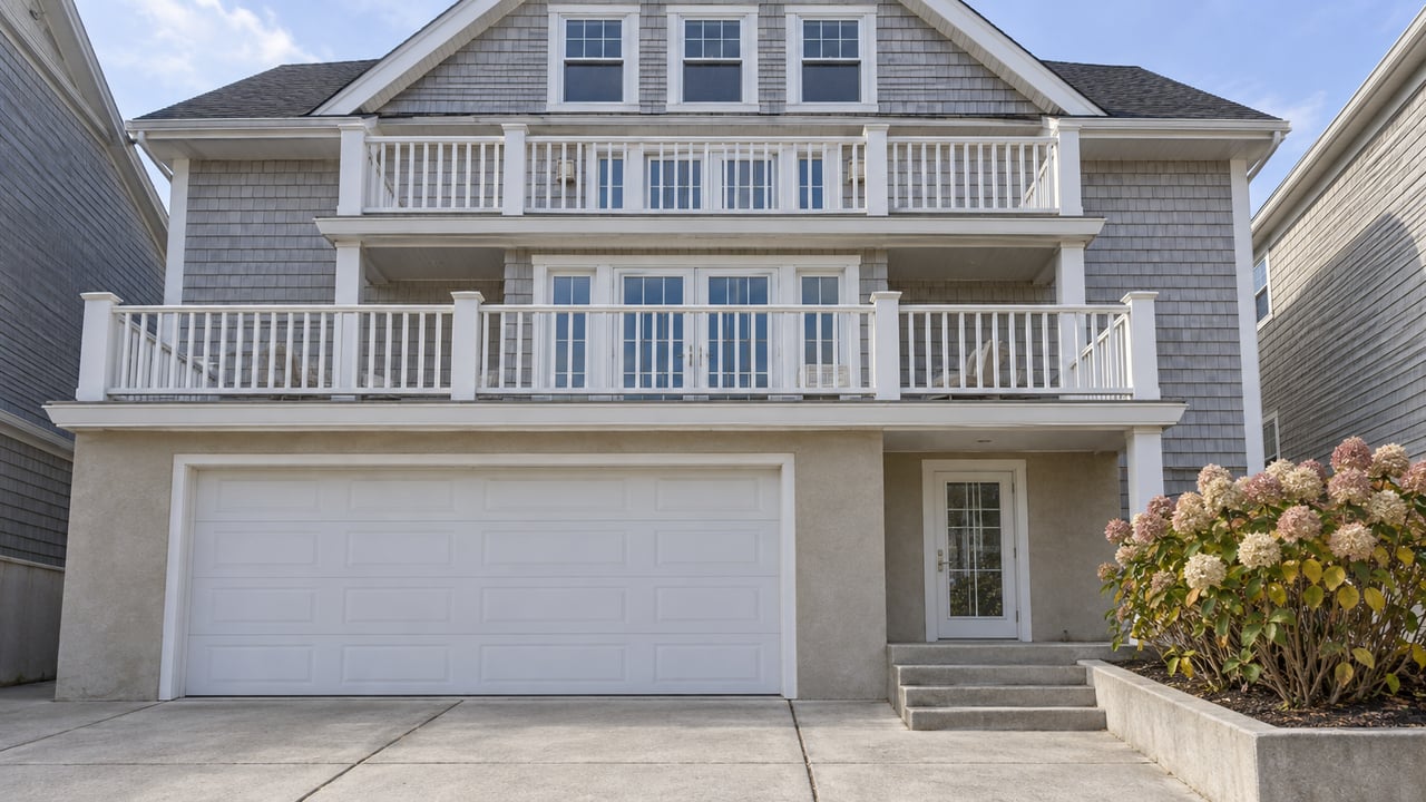 Pale gray shingled elevated home with white balconies, a concrete driveway and pink-tinged hydrangea beside the entry steps.