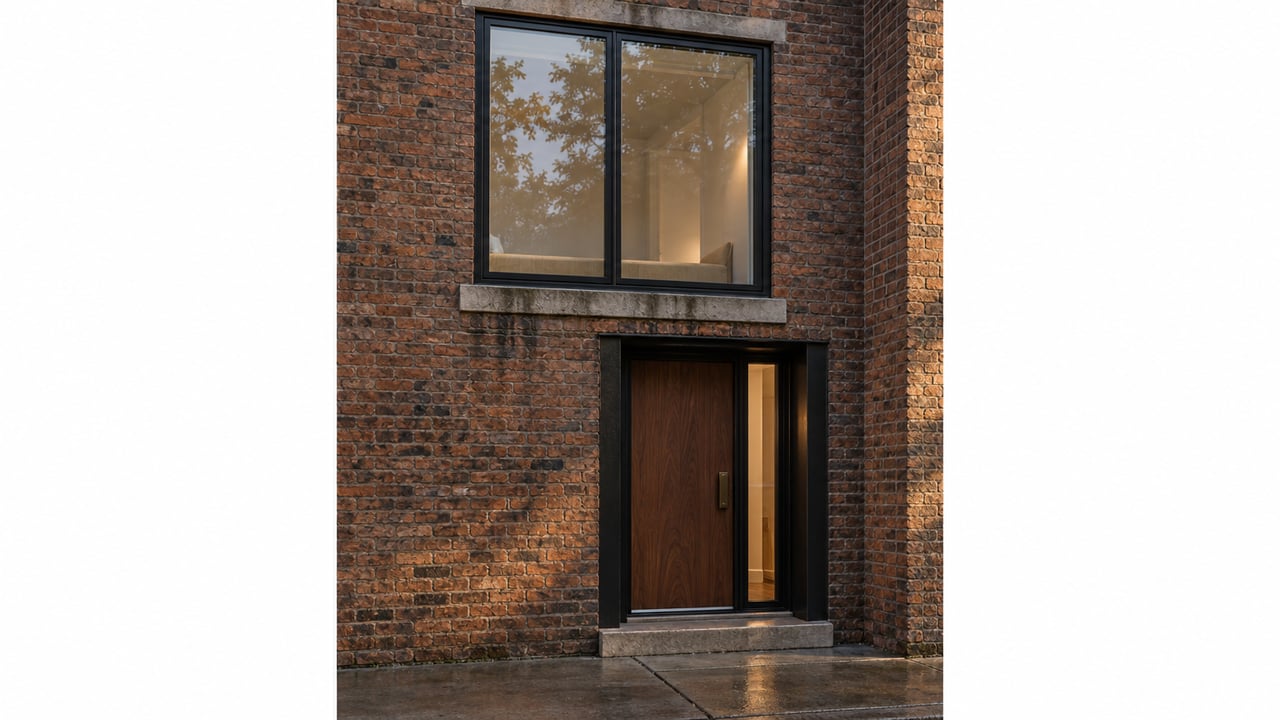 Brick residential facade with a tall black-framed window and recessed walnut entry after rain.