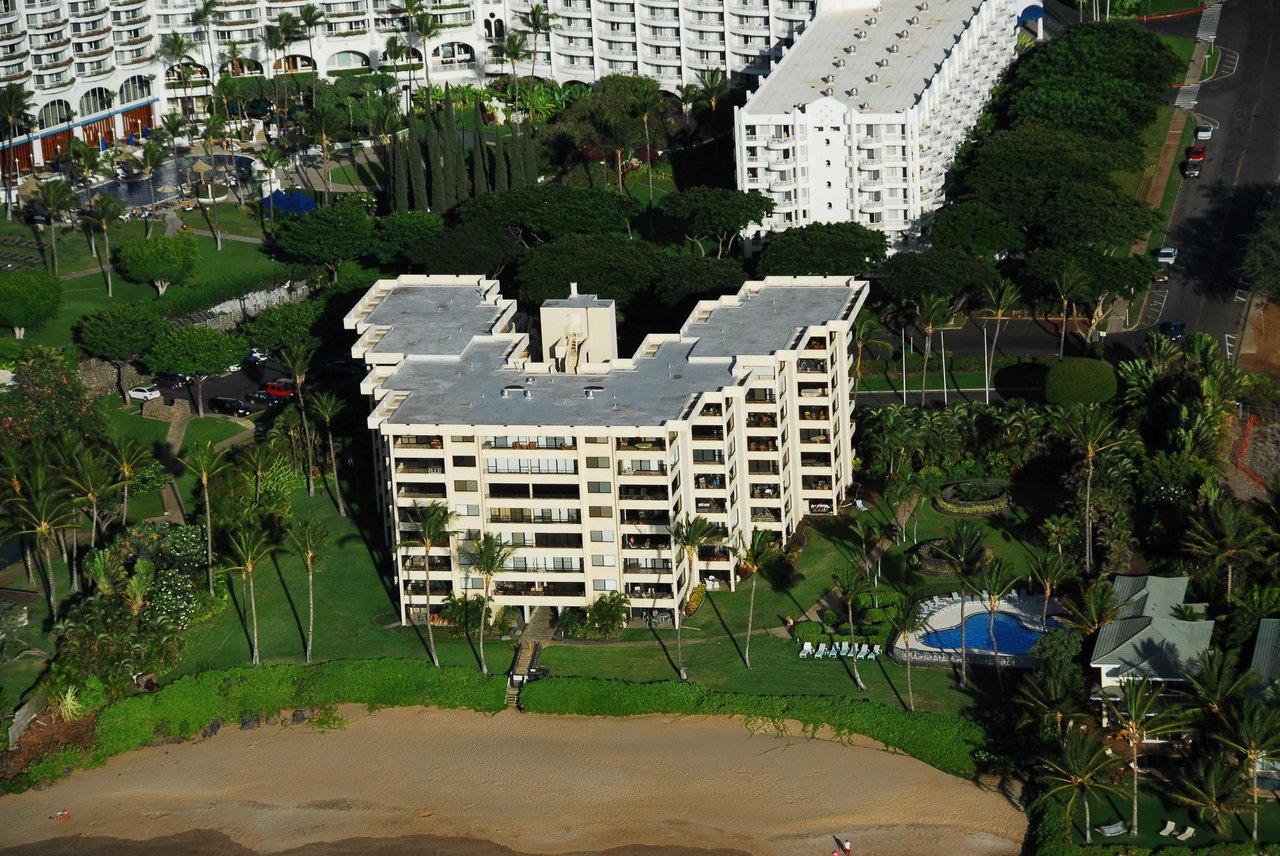 Aerial shot of Polo Beach club in Makena, Maui with polo beach in the foreground
