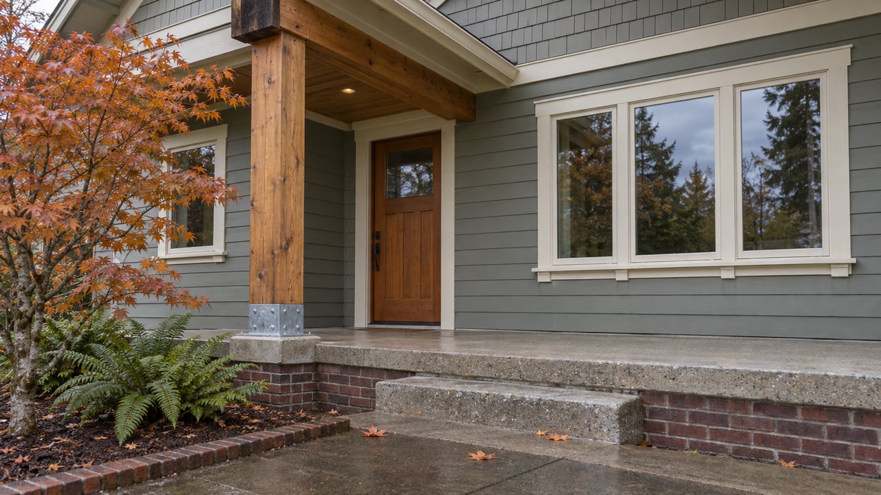 Low-angle view of a covered porch with cedar framing, gray-green siding, a wood entry door and orange maple leaves beside concrete steps.