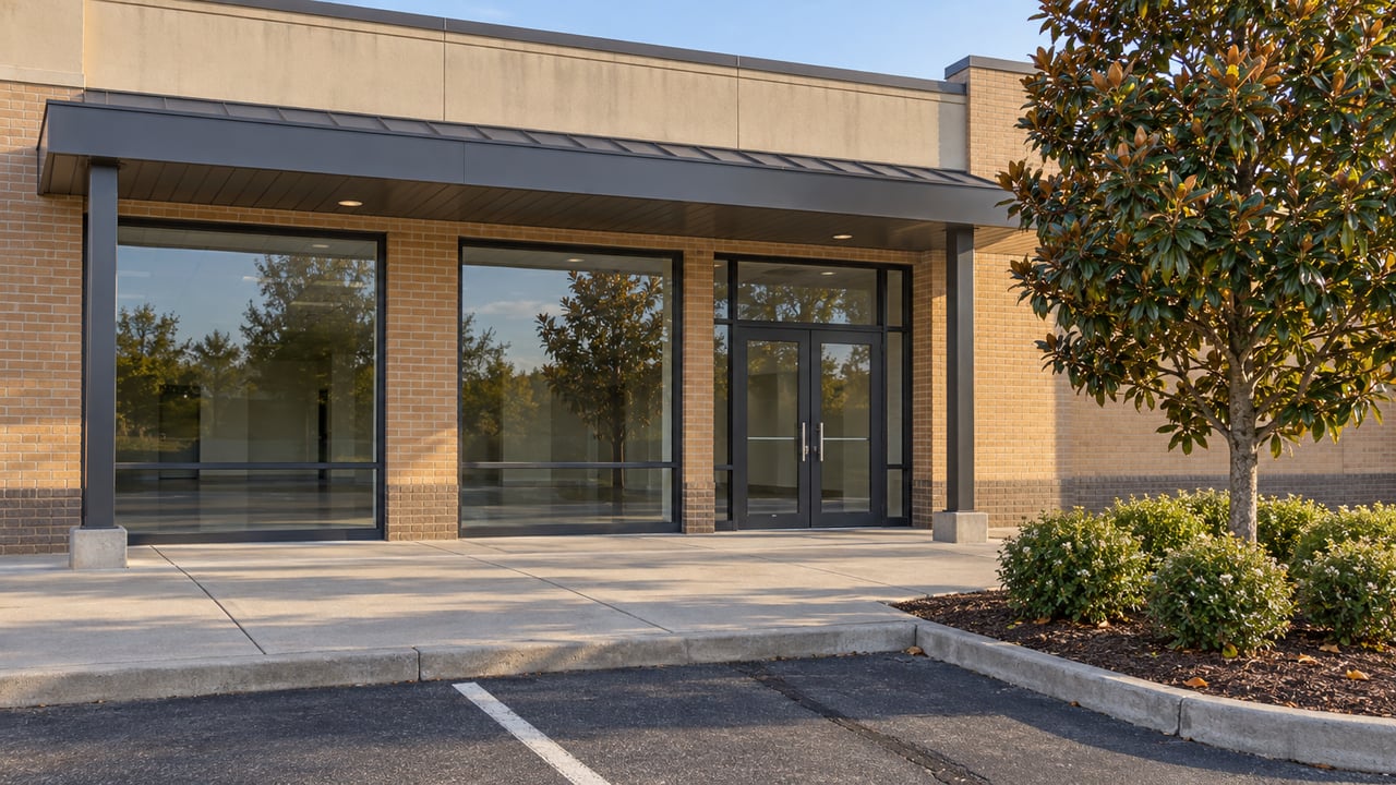 Brick retail frontage with charcoal-framed windows, a covered concrete approach and a magnolia in a raised planting island.
