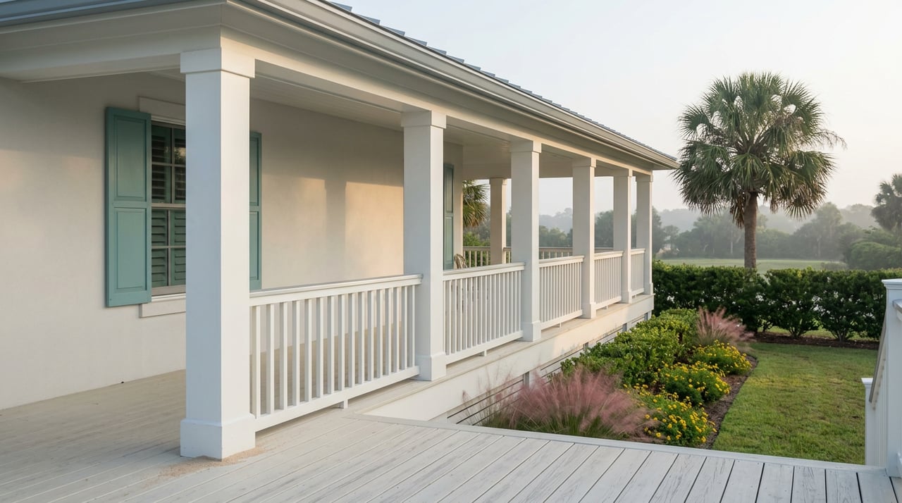 White porch columns and railing overlook pink muhly grass, yellow flowers, and a tall Sabal palmetto.