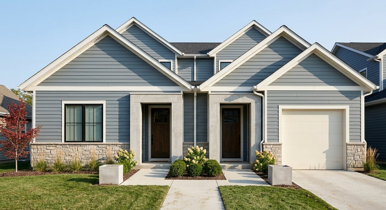 Attached gray-blue townhomes with twin entries, black grid windows, stone bases, and planters flanking a split walkway.