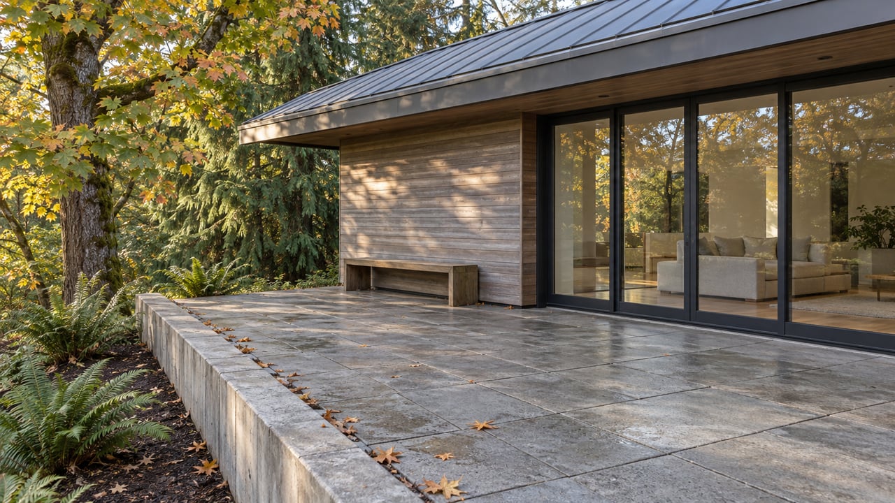 Morning light across a weathered cedar home's paved terrace, with enclosed glass doors and maple and fern planting beyond a concrete curb.