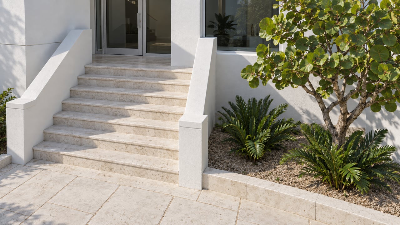 An elevated white stucco home with a closed glass entry, broad limestone stairs and a planted bed beside the pale stone approach.