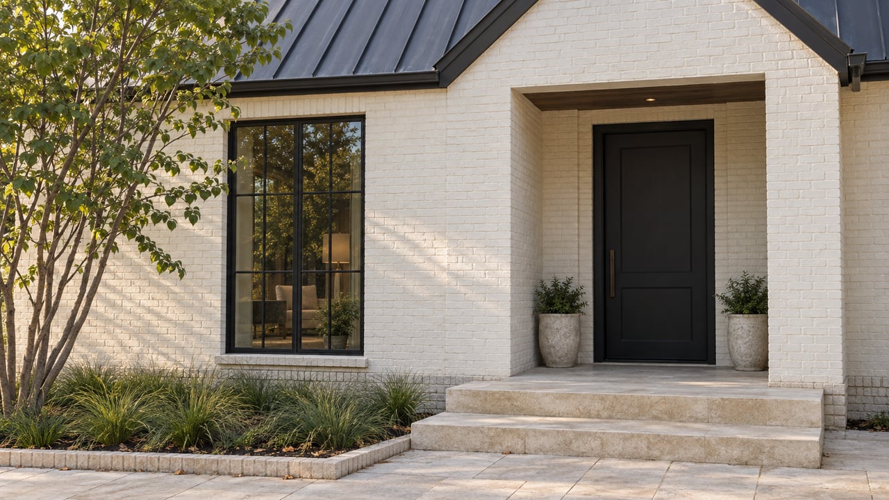 White-painted brick facade with a black-framed window, recessed dark door, limestone steps, and a small tree.