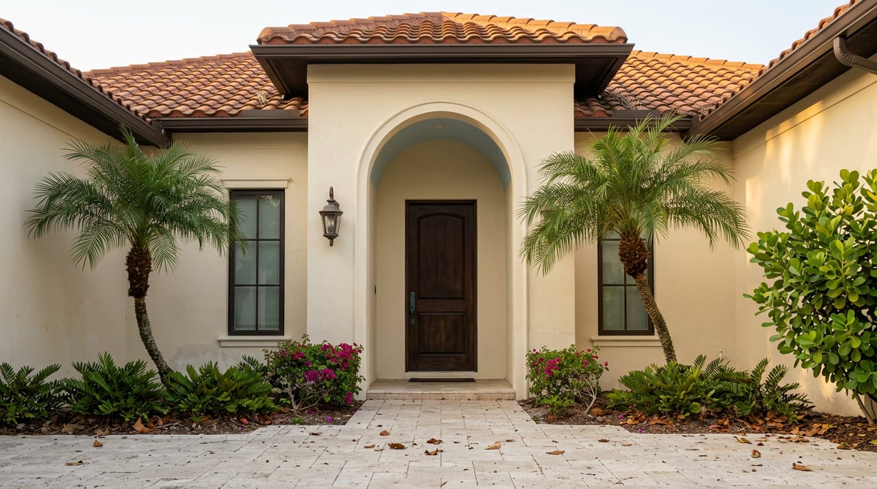 Cream stucco home with a recessed arched mahogany door, flanked by palms and bougainvillea.