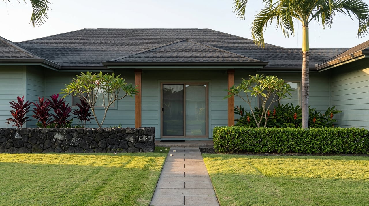 One-story seafoam home with dark hipped roof, lava-rock wall, palms, and paver walkway across lawn.