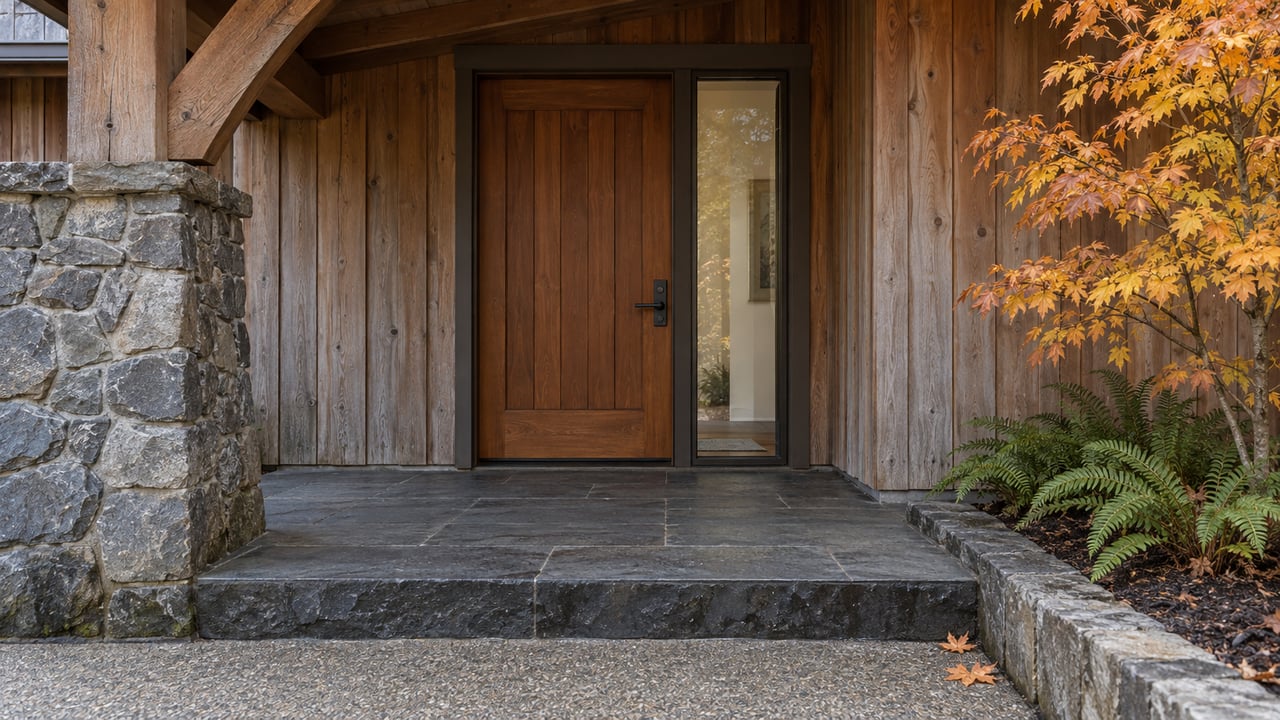 Covered wood-and-stone home entry with a cedar facade, slate porch, and autumn vine maple beside sword ferns.