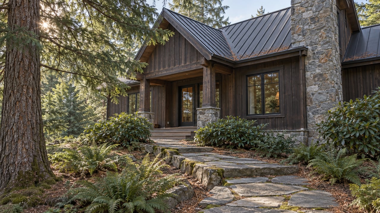 A mature hemlock beside a sloping flagstone approach to a stained-wood home with a stone chimney and sheltered glass entry.
