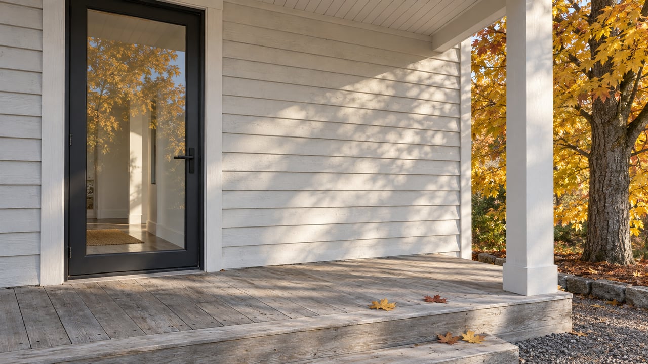 Covered porch with off-white wood siding, a closed black-framed glass door, silvered cedar decking and golden maple foliage beside the entry.