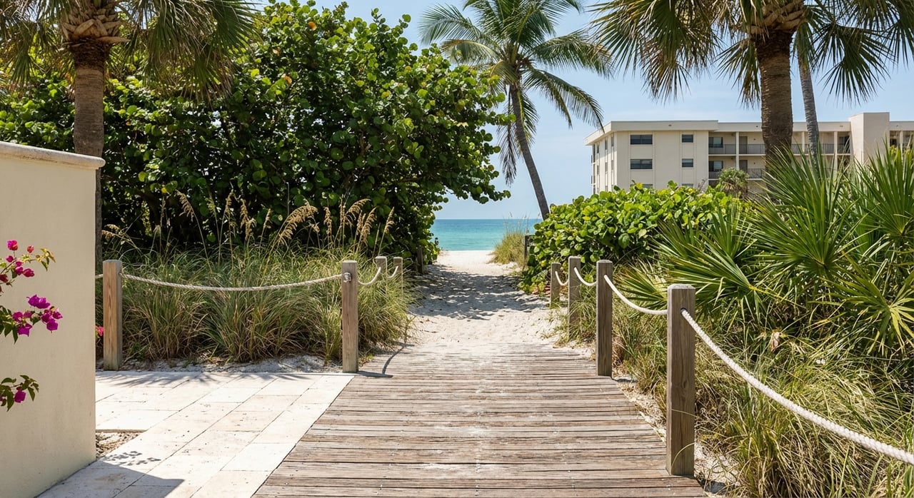 Coastal boardwalk winding through dunes toward a low-rise condominium.