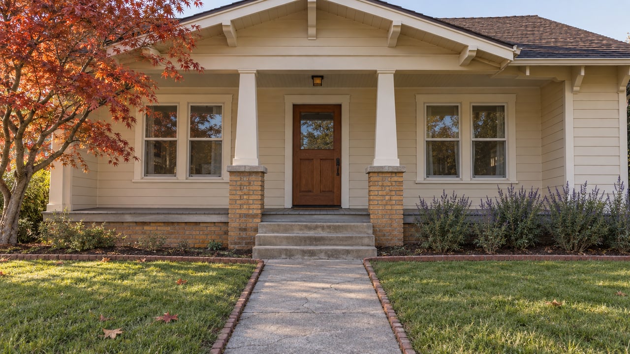 Cream wood-sided home with a raised brick-supported porch, autumn maple and a deep front lawn in warm morning light.