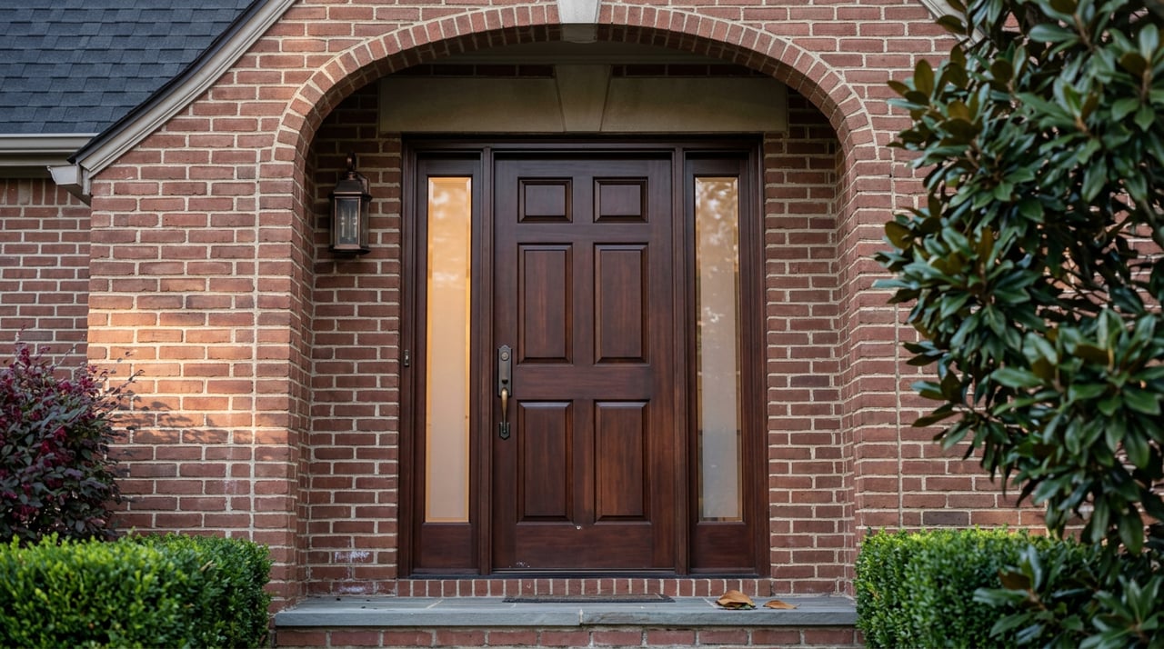 Mahogany-stained front door with bronze hardware, set in a rounded brick arch beside glass sidelights.
