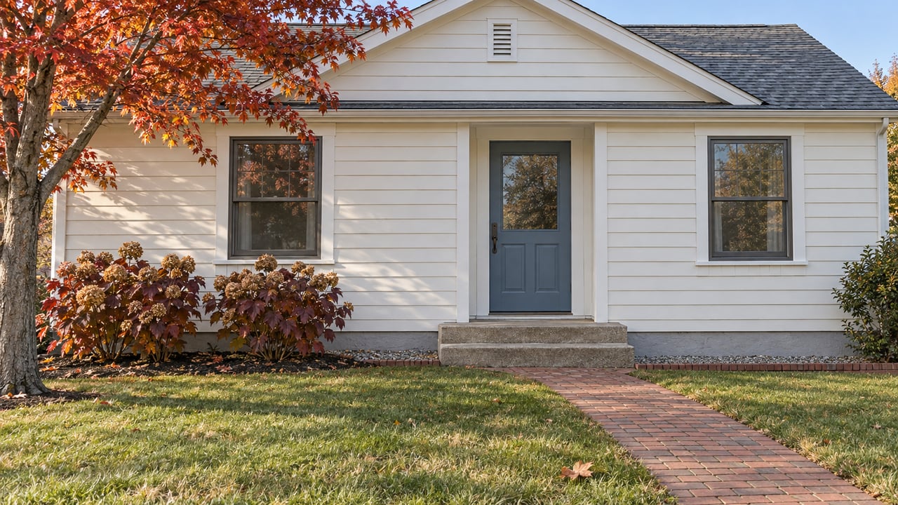 Light clapboard cottage with a blue door, paired windows, concrete stoop and brick walk across an autumn lawn.