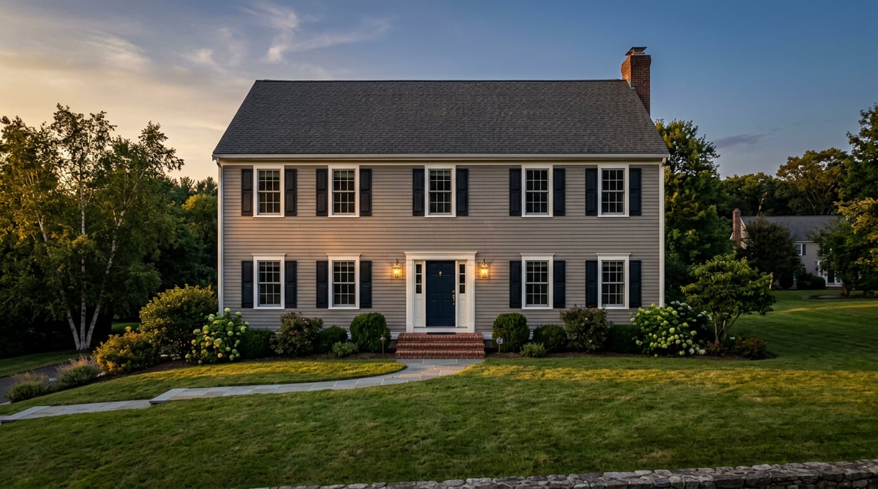 Taupe-gray colonial home with a navy front door, lit brass lanterns, and long shadows across the lawn at dusk.
