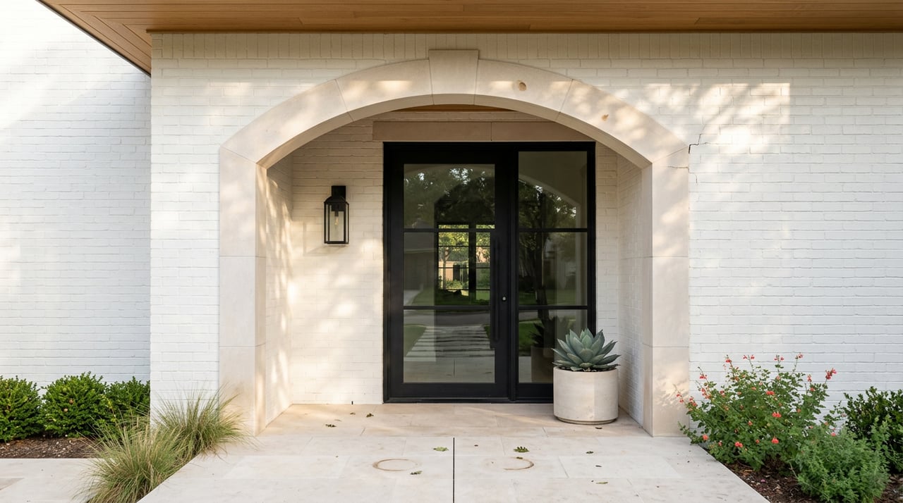 Arched limestone entry with black steel-and-glass door, tall sidelight, agave planter, and oak soffit.